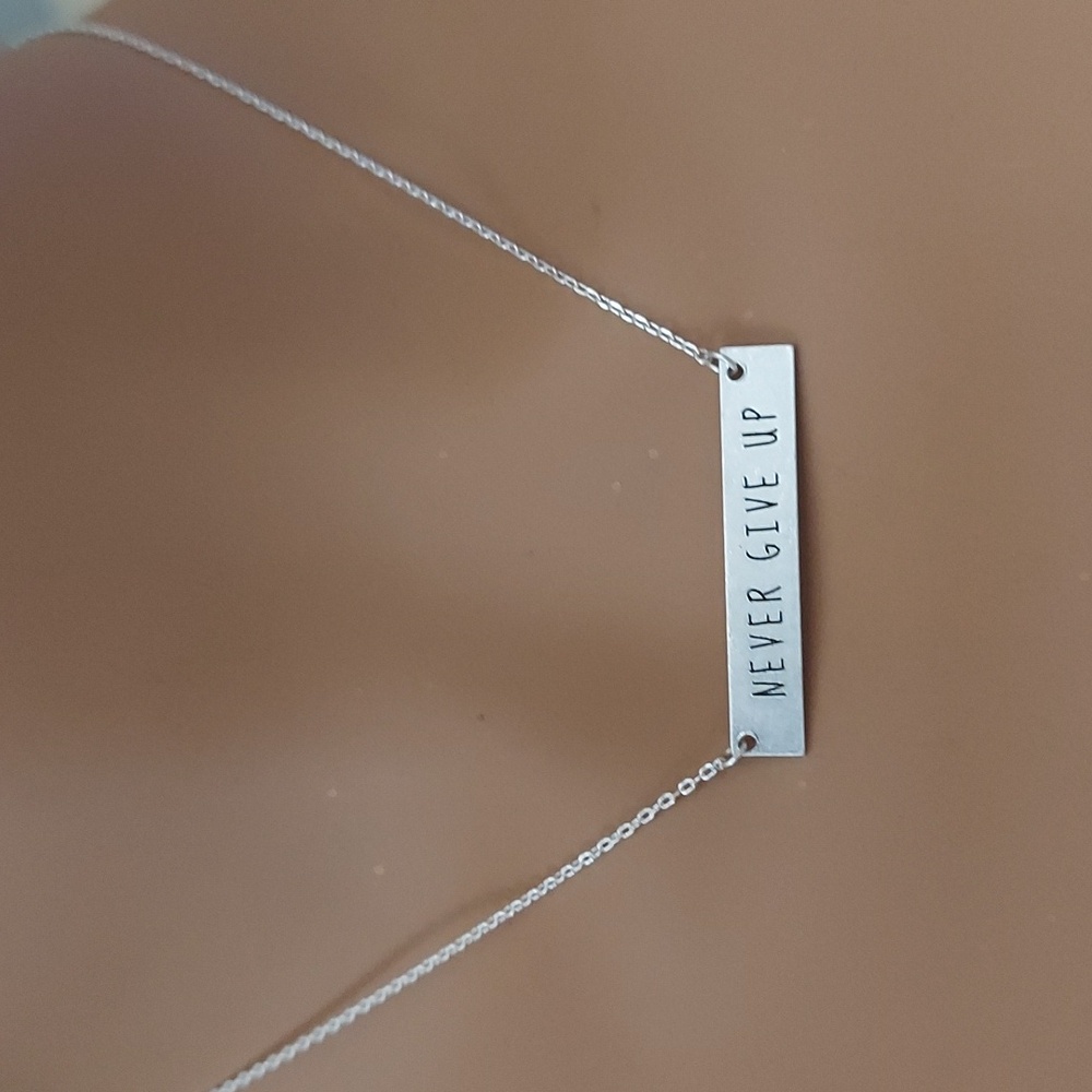 Never Give Up Stainless Steel Bar Pendant Necklace